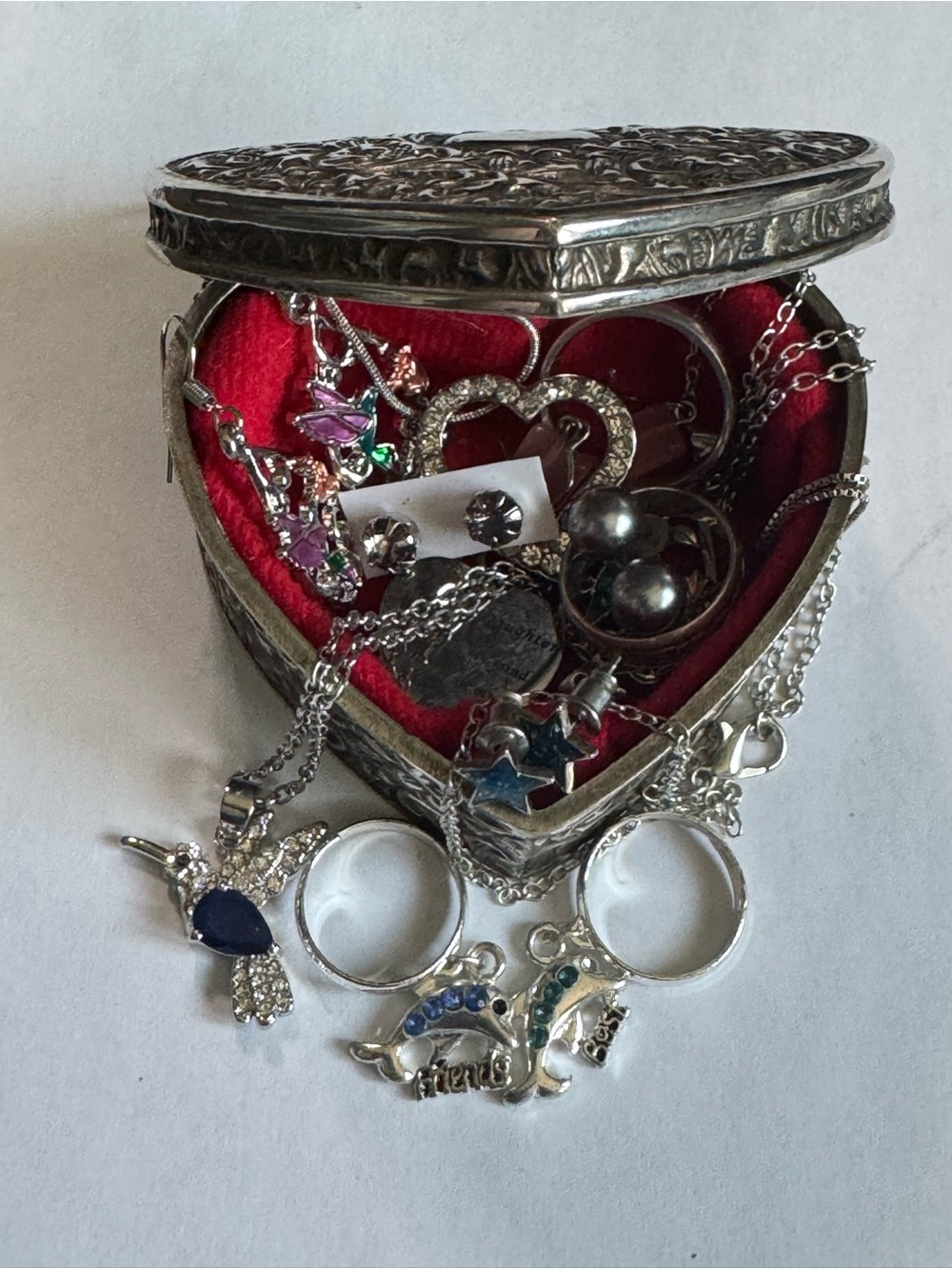 Pewter trinket box filled with silver tone jewlery plus 2 925 pieces